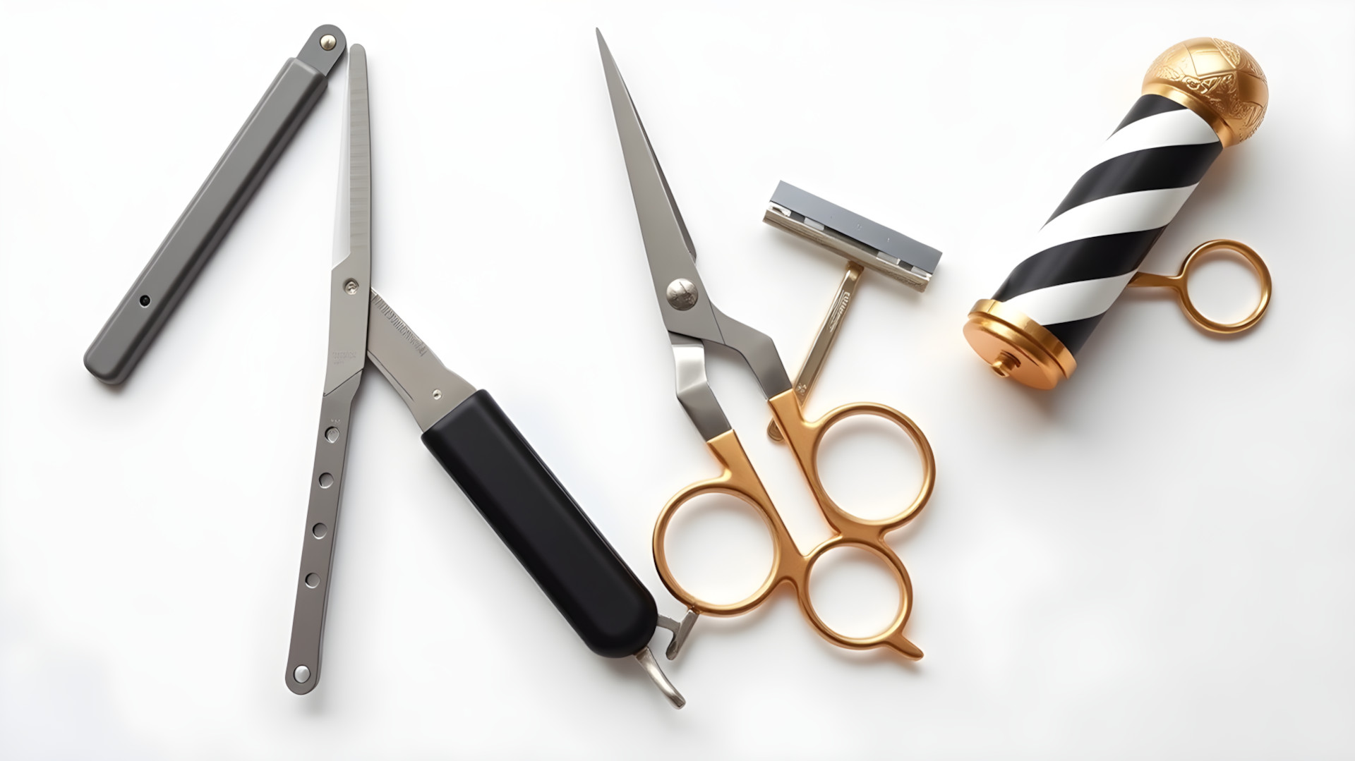 Borbély kellékek, beleértve ollót, borotvát és fésűt.