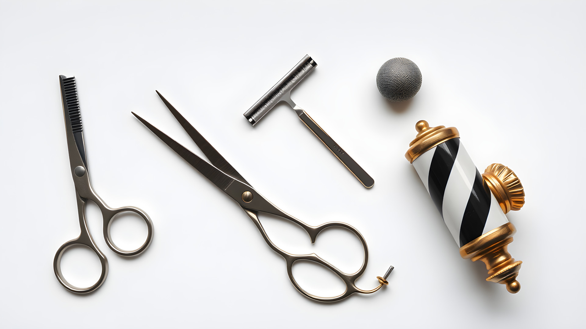 Barber kellékek, beleértve a borotvát, ollót és szakállformázó eszközöket